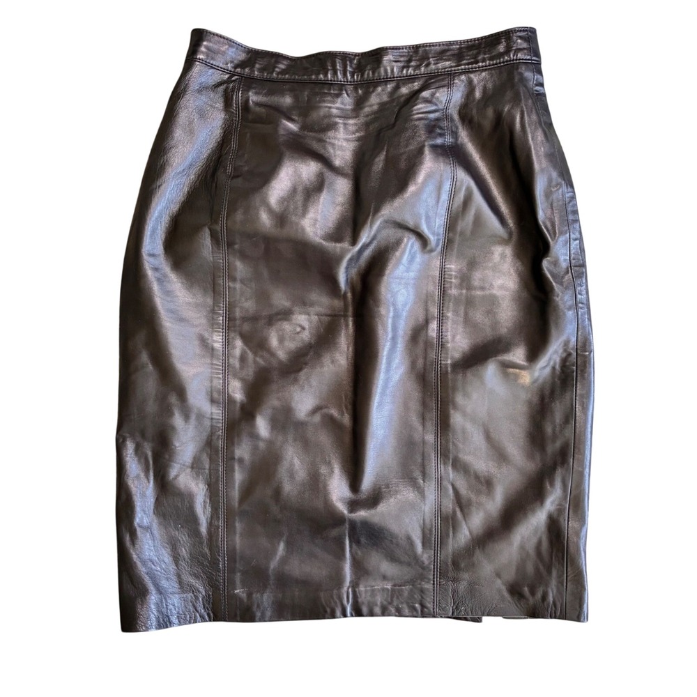 Maxima Vintage Black Leather Pencil Skirt High Waisted Midi Size 14 Vented Hem